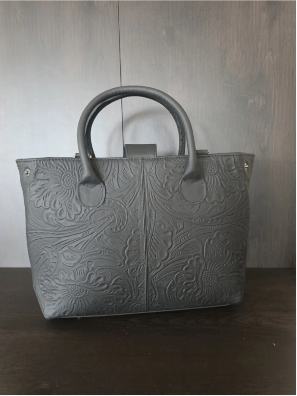 Black Floral Embossed Tooled Artisan LEATHER Hobo Bag Purse Crossbody - Picture 12 of 16